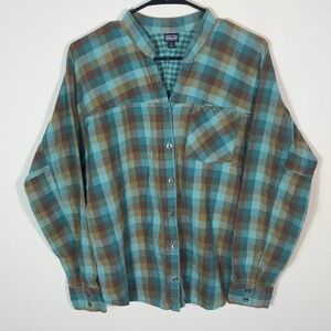 Patagonia Double Weave Woven Womens Sz 8 Organic Cotton Plaid Shirt Green Brown